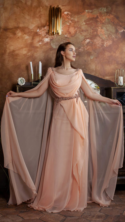 woman wearing long chiffon evening gown