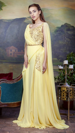 woman wearing yellow chiffon beaded evening dress