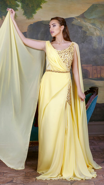 woman wearing beaded yellow party dress