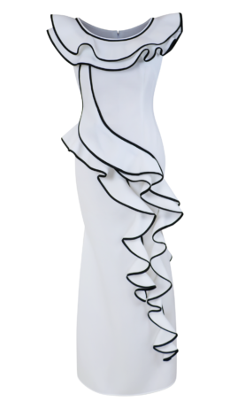 white ruffle fishtail dress