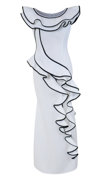 white ruffle fishtail dress