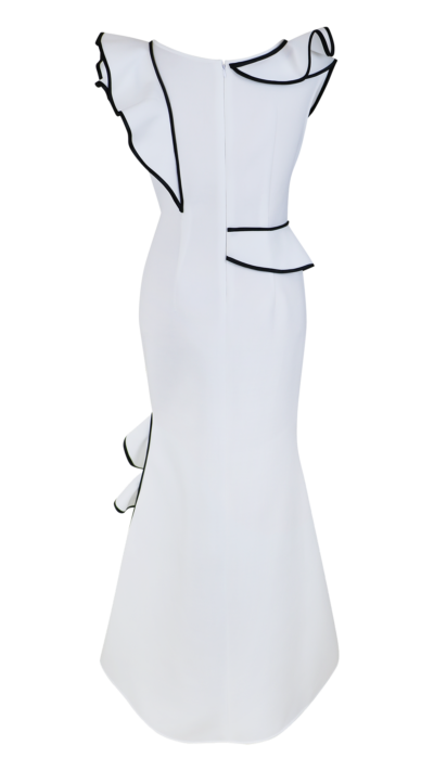 white ruffle fishtail dress