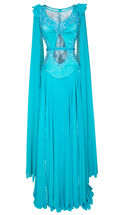 chiffon and lace dress with hand beaded belt