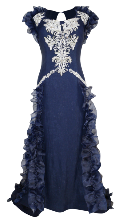 blue dress with hand beaded decoration at the top and organza ruffles