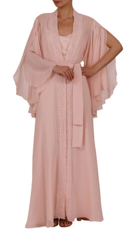 woman wearing kimono robe baby pink colour