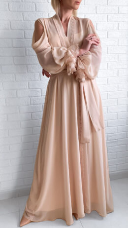 woman wearing robe made of georgette material with satin sleep dress