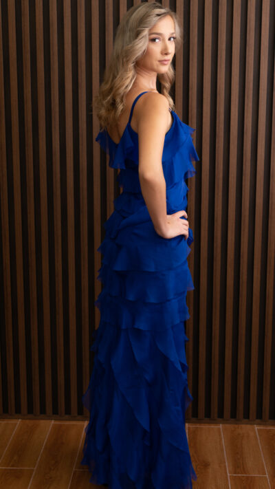 woman wearing chiffon ruffled dress blue colour