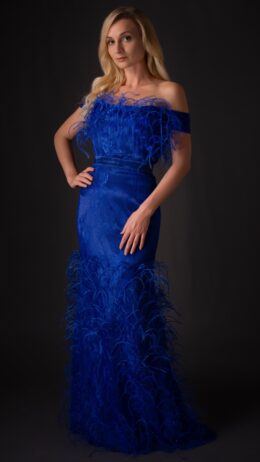 woman wearing off the shoulders blue dress with feathers