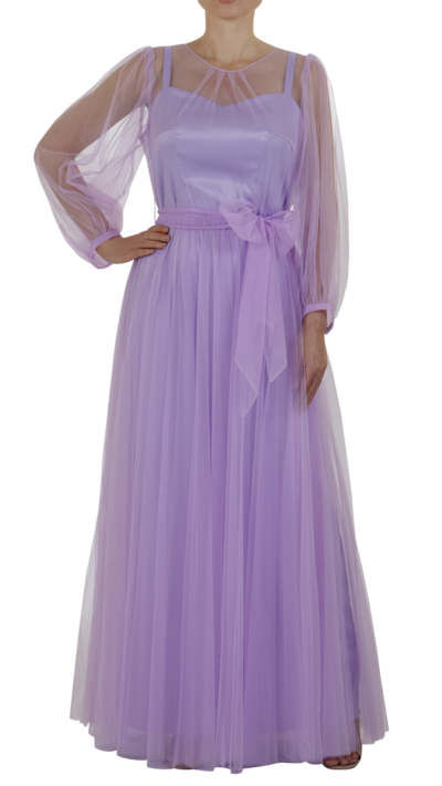 woman wearing long evening gown purple colour made of silk and tulle material