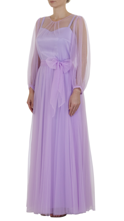 woman wearing long evening gown made of silk and tulle material purple colour