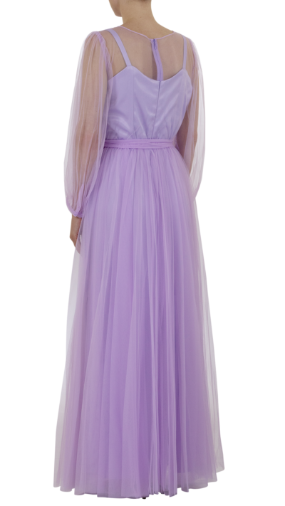 woman wearing long evening gown purple colour