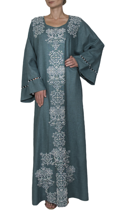 linen jalabiya green color embroidered at the front decorated with pearls