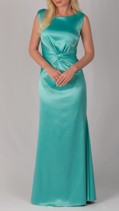 woman wearing long evening gown made of satin aqua colour