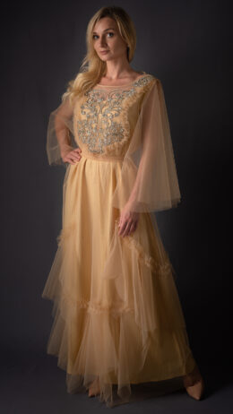 woman wearing oversized tulle dress champagne colour with embellishment at the front