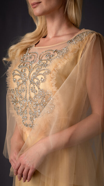 close up details of the dress emballished with crystals