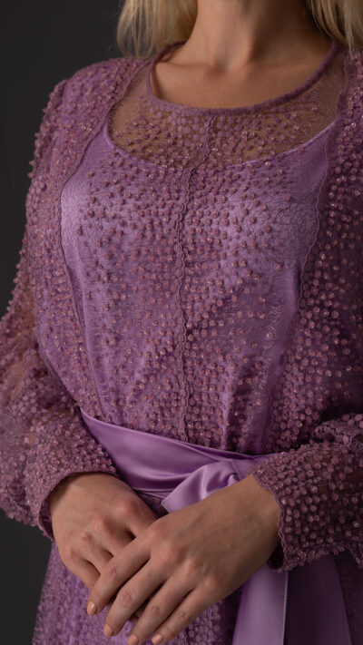 close capture of the dress details purple colour embroidered wuth crystals