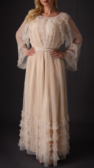 woman wearing tulle dress beige colour