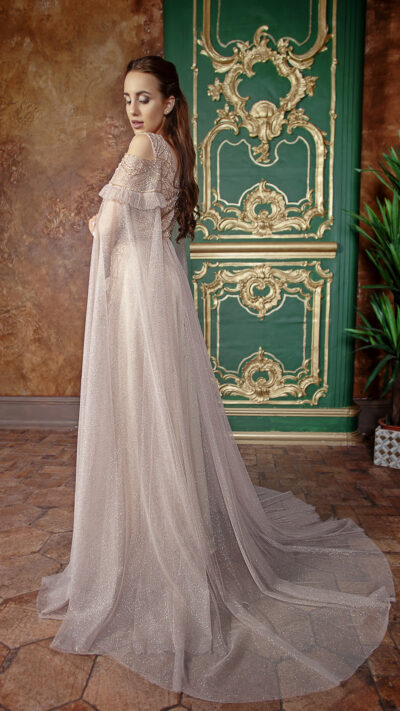 woman wearing long evening gown champagne colour