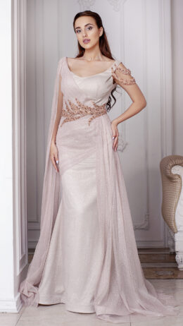 woman wearing evening gown champagne colour with embellished top