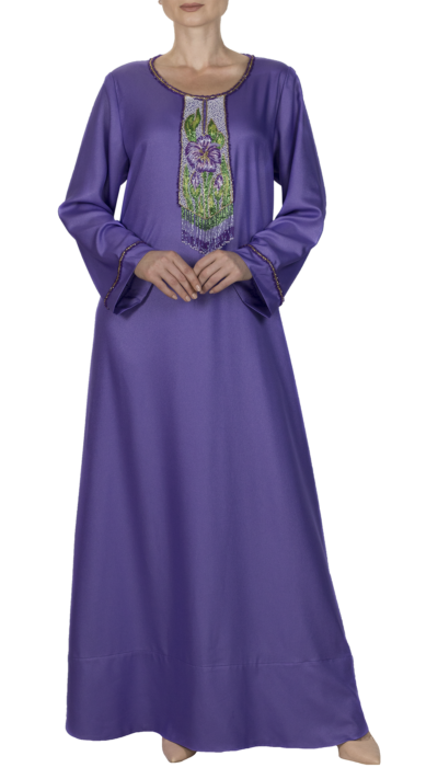 woman wearing satin embroidered jalabiya purple colour