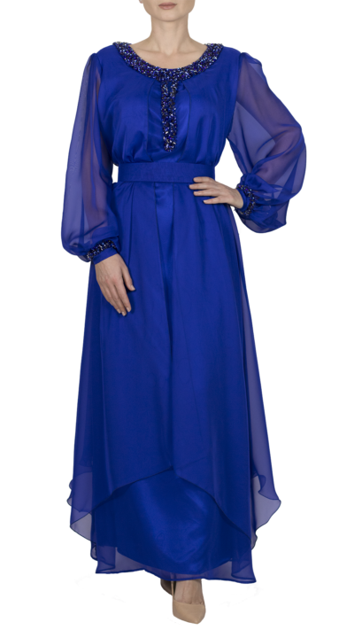 woman wearing blue chiffon kaftan embellished with crystals