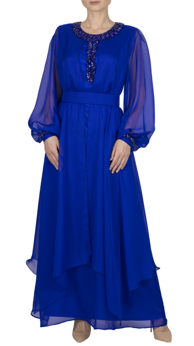 woman wearing blue chiffon kaftan embellished with crystals