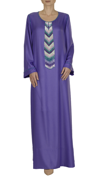 woman wearing silk embroidered jalabiya purple colour