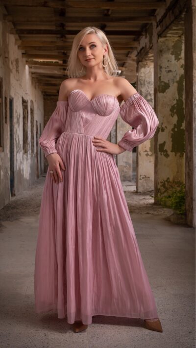 woman wearing corset dress pink color