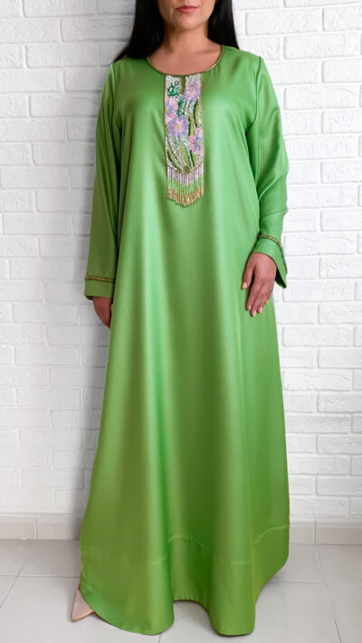 satin jalabiya light green colour with embroidered flowers