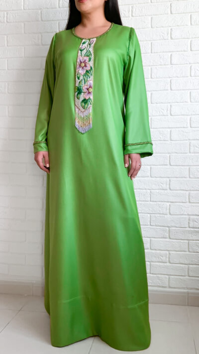 satin jalabiya light green colour with embroidery