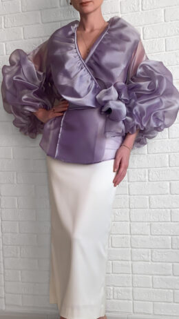 oversized organza blouse purple colour with puffy sleeves and belt