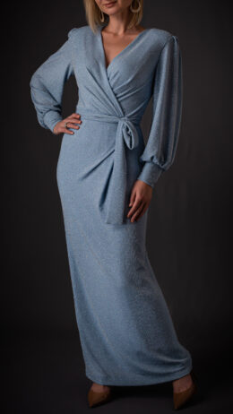 woman wearing asymmetric wrap dress blue colour