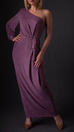 woman wearing one-sleeve asymmetric wrap dress purple colour