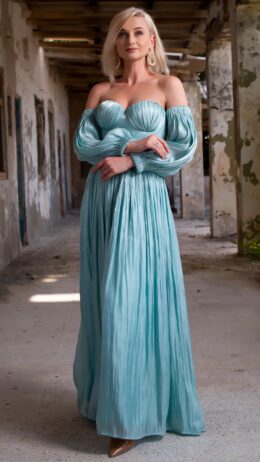 woman wearing corset dress with puffy sleeves